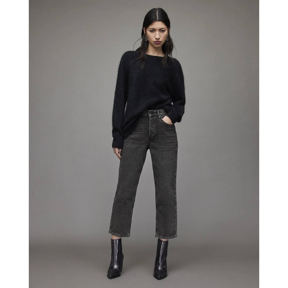AllSaints Averi Studded Barrel Straight Leg Jeans Black Wash High Rise Womens 31